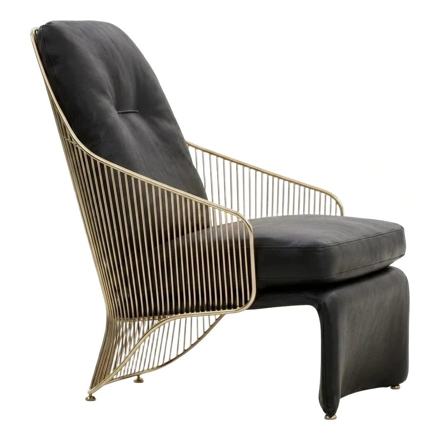 Modern Black Leather Gold Wireframe Lounge Chair