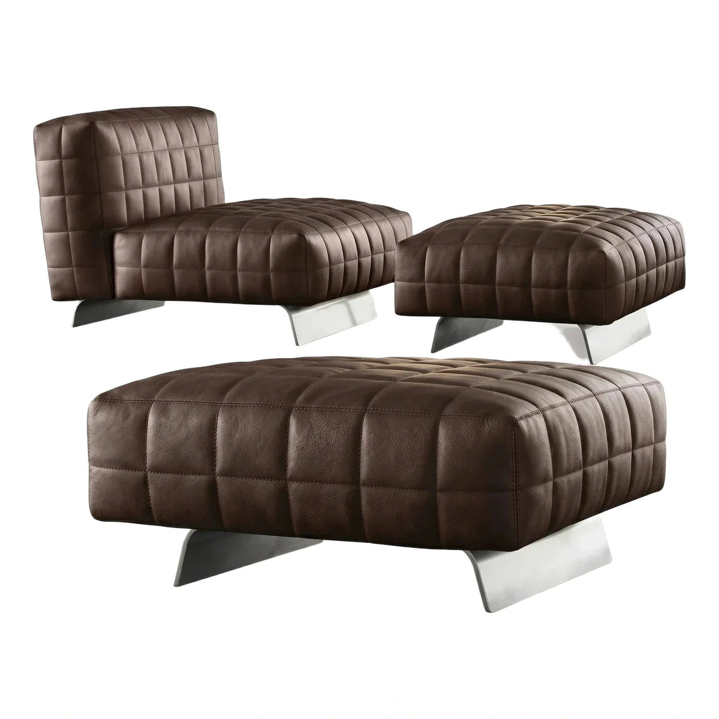 Modern Brown Tufted Leather Lounge Chair and Ottoman Set
