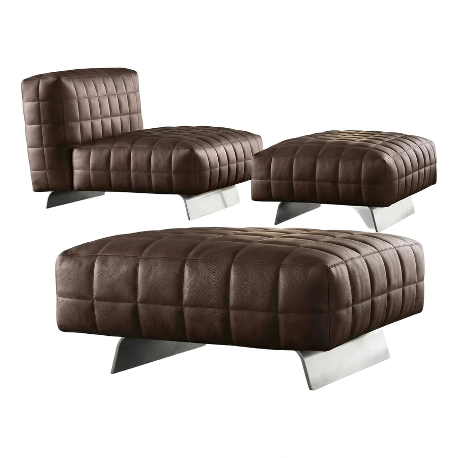Modern Brown Tufted Leather Lounge Chair and Ottoman Set