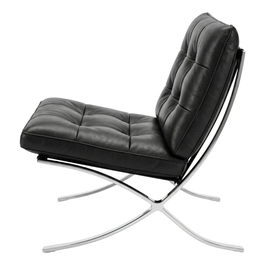 Modern Black Tufted Leather Lounge Chair with Chrome Base