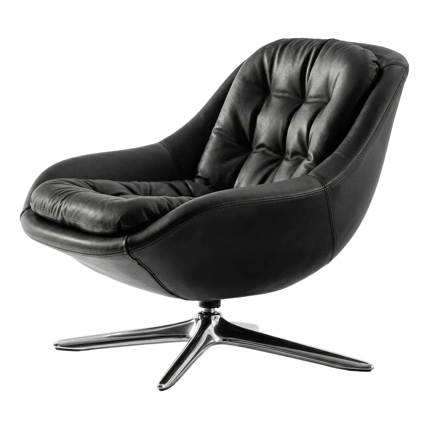 Black Leather Swivel Lounge Chair with Chrome Base