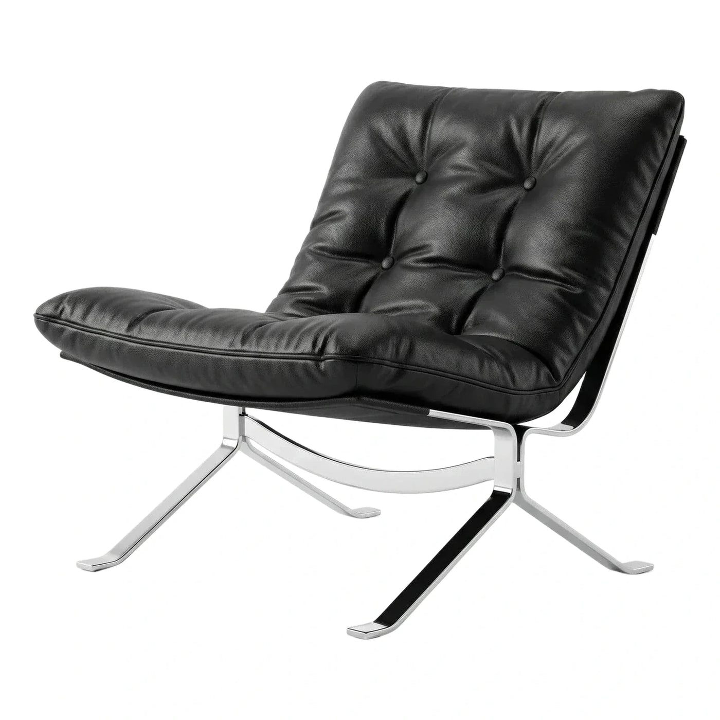 Modern Black Tufted Leather Lounge Chair with Chrome Base