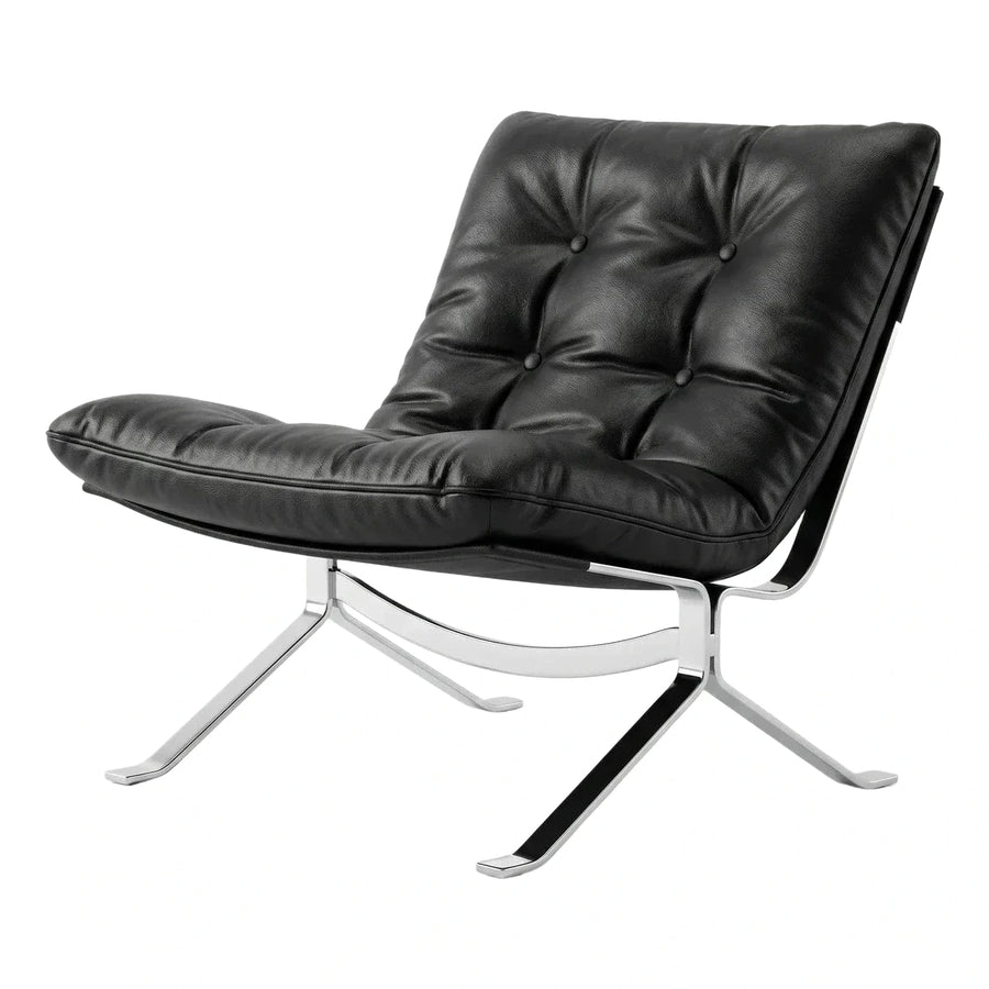 Modern Black Tufted Leather Lounge Chair with Chrome Base