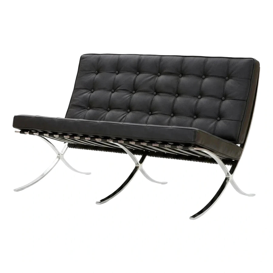 Black Tufted Leather Bench with Chrome Frame