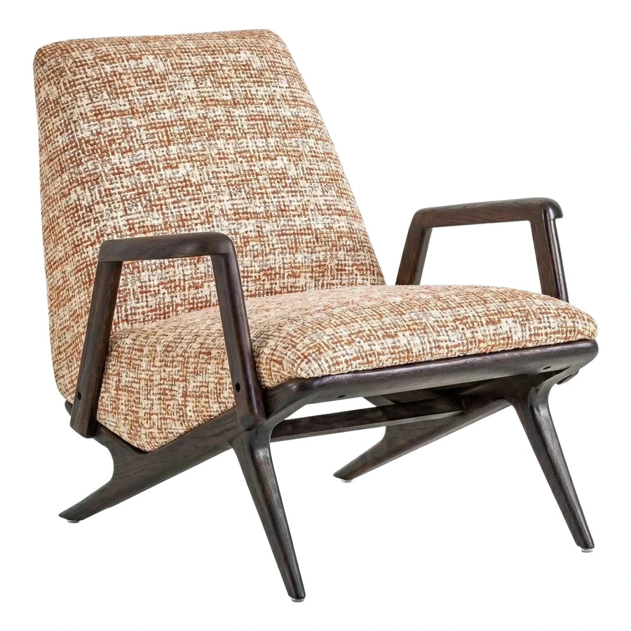 Sculptural Dark Wood Lounge Chair with Textured Fabric