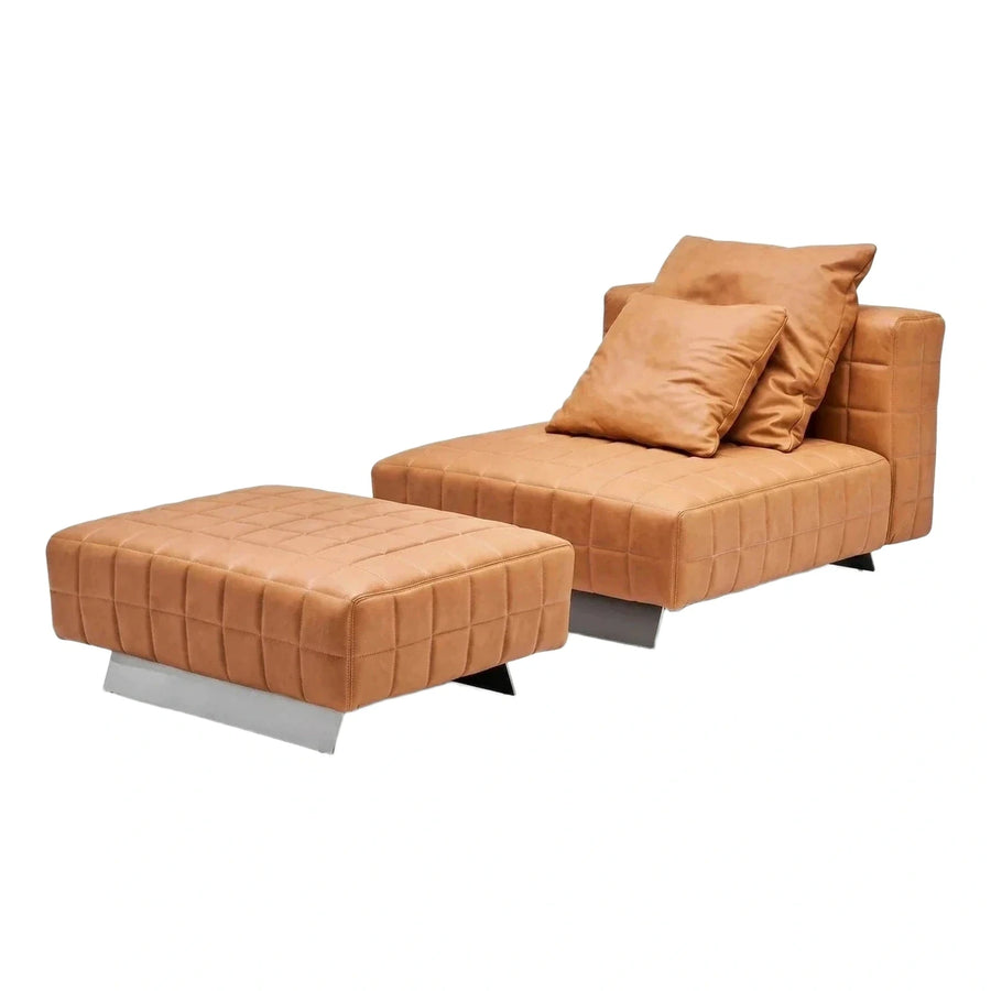 Modern Tan Quilted Leather Chaise Lounge with Ottoman