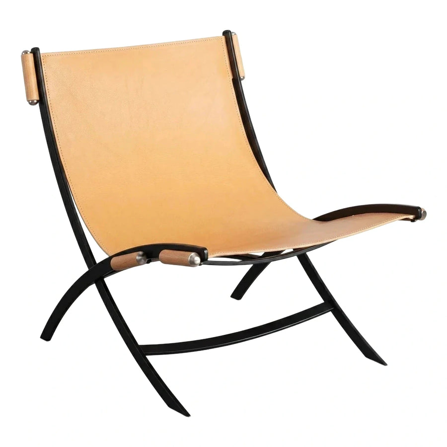 Modern Black Frame Tan Leather Sling Lounge Chair