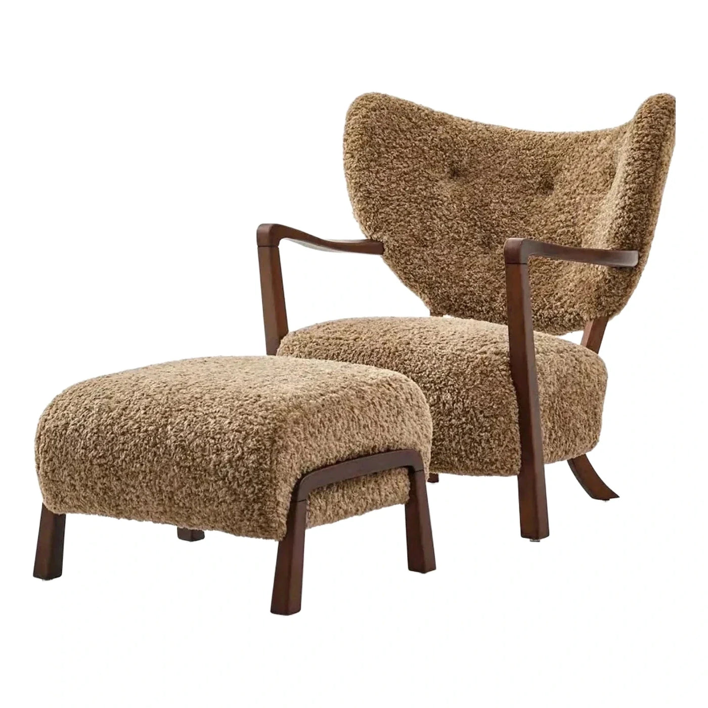 Tan Boucle Lounge Chair and Ottoman Set