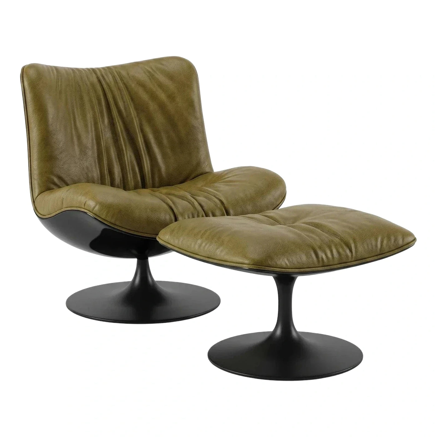Olive Green Leather Swivel Lounge Chair and Ottoman