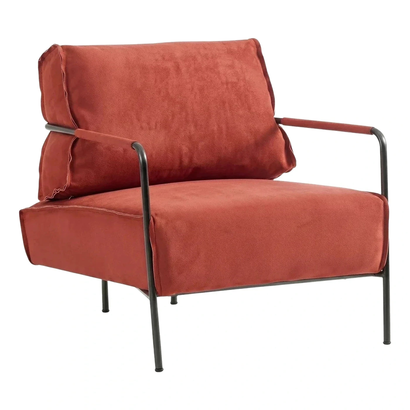 Modern Rust Fabric Armchair with Black Metal Frame