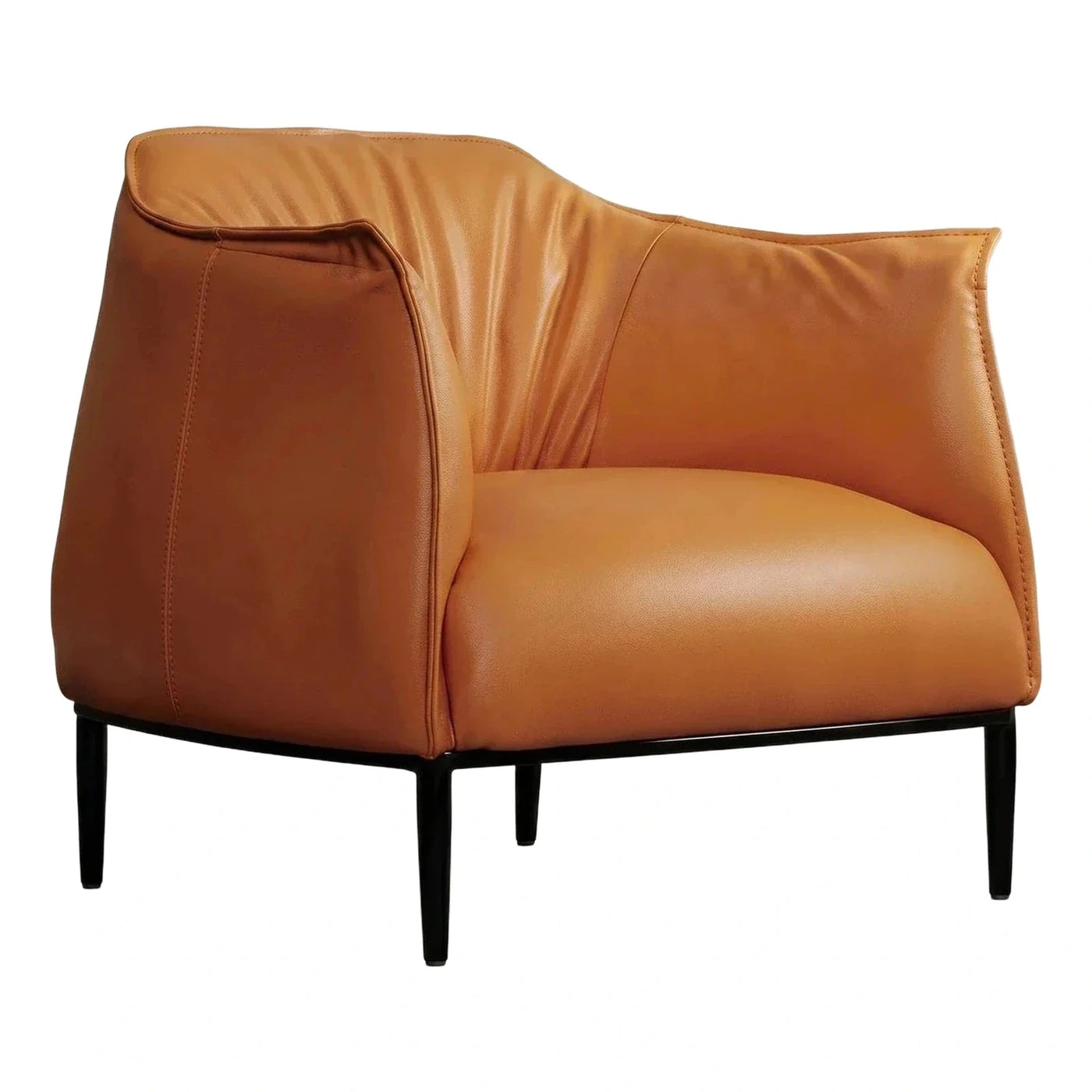 Modern Curved Cognac Leather Armchair with Black Legs
