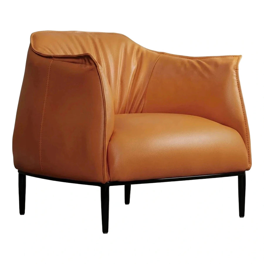 Modern Curved Cognac Leather Armchair with Black Legs