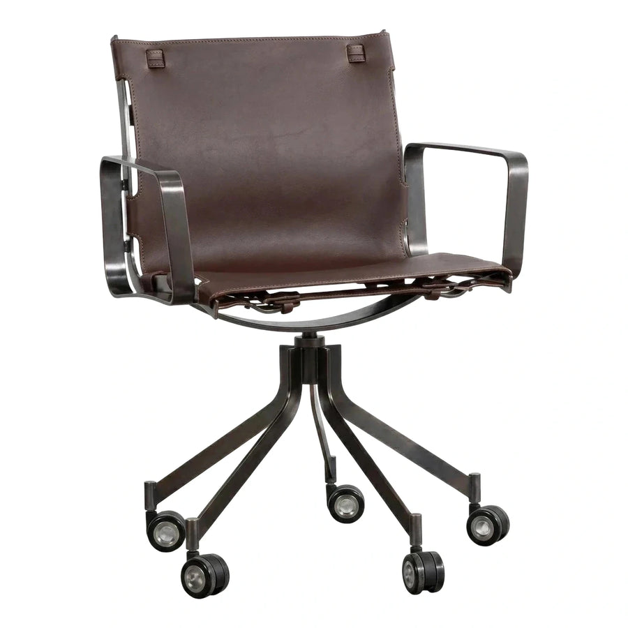 Brown Leather Sling Swivel Office Chair with Metal Frame