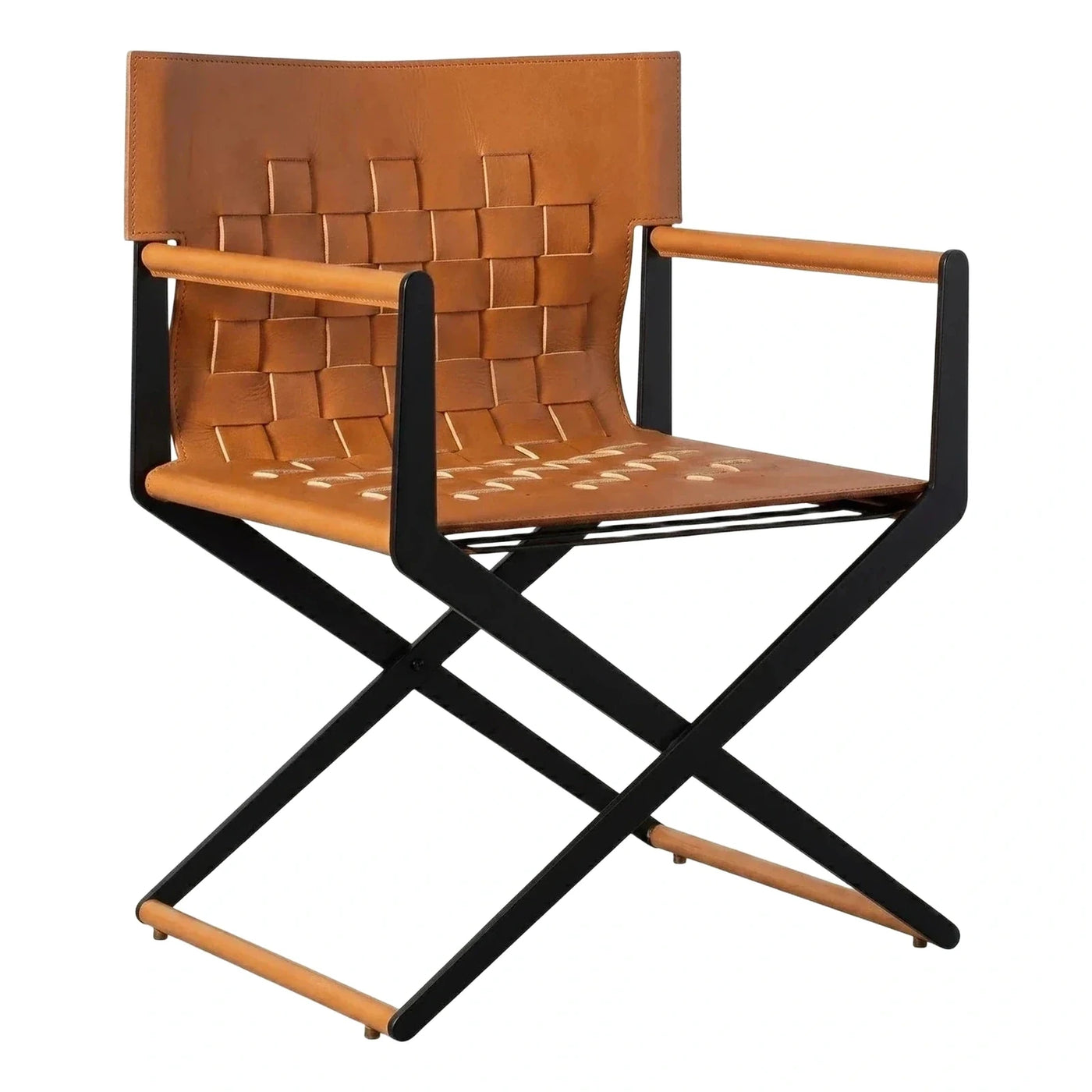 Modern Tan Leather Woven Lounge Chair with Black Metal Frame