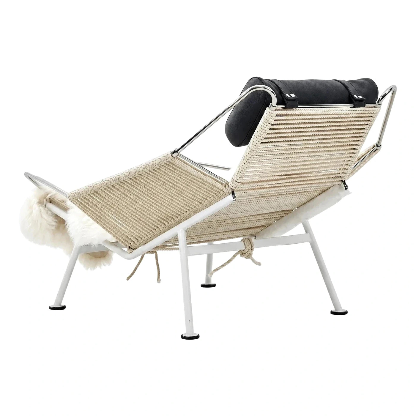 Modern White Metal Rope Lounge Chair with Black Cushion