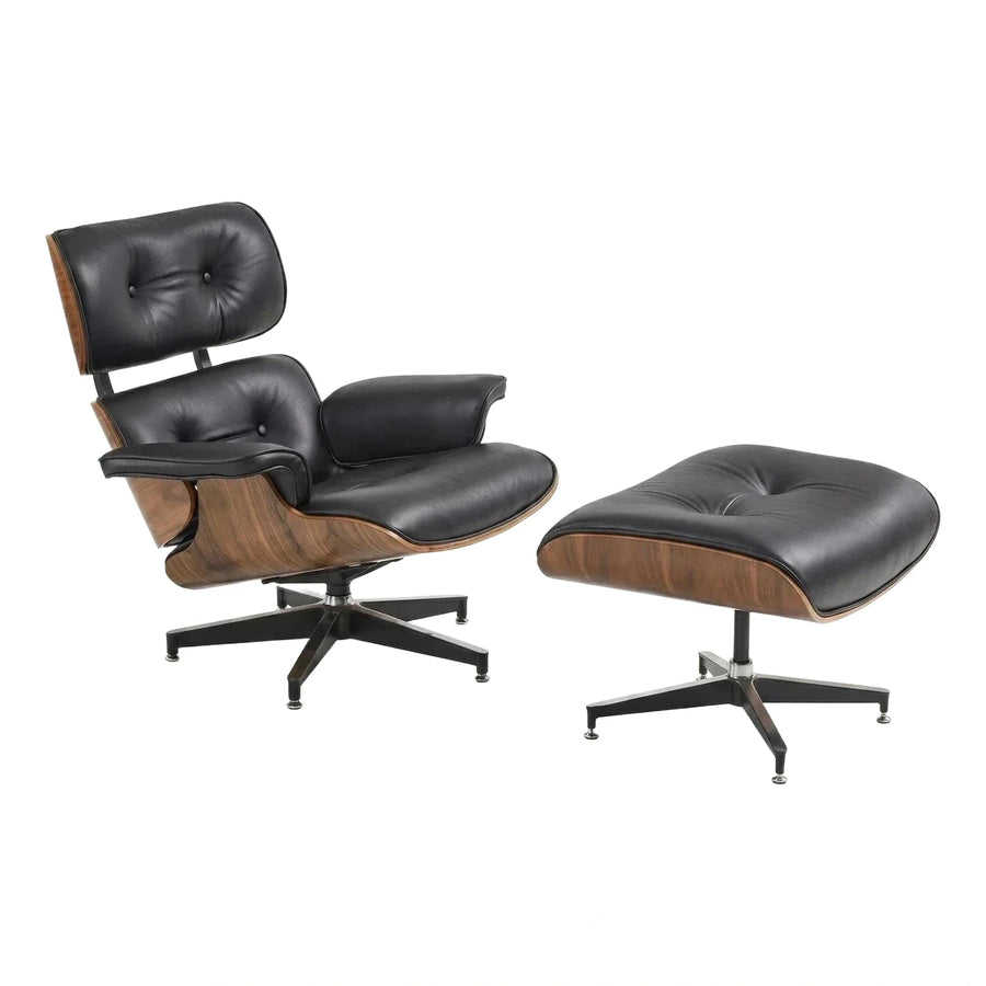 Black Leather Lounge Chair and Ottoman with Wood Shell
