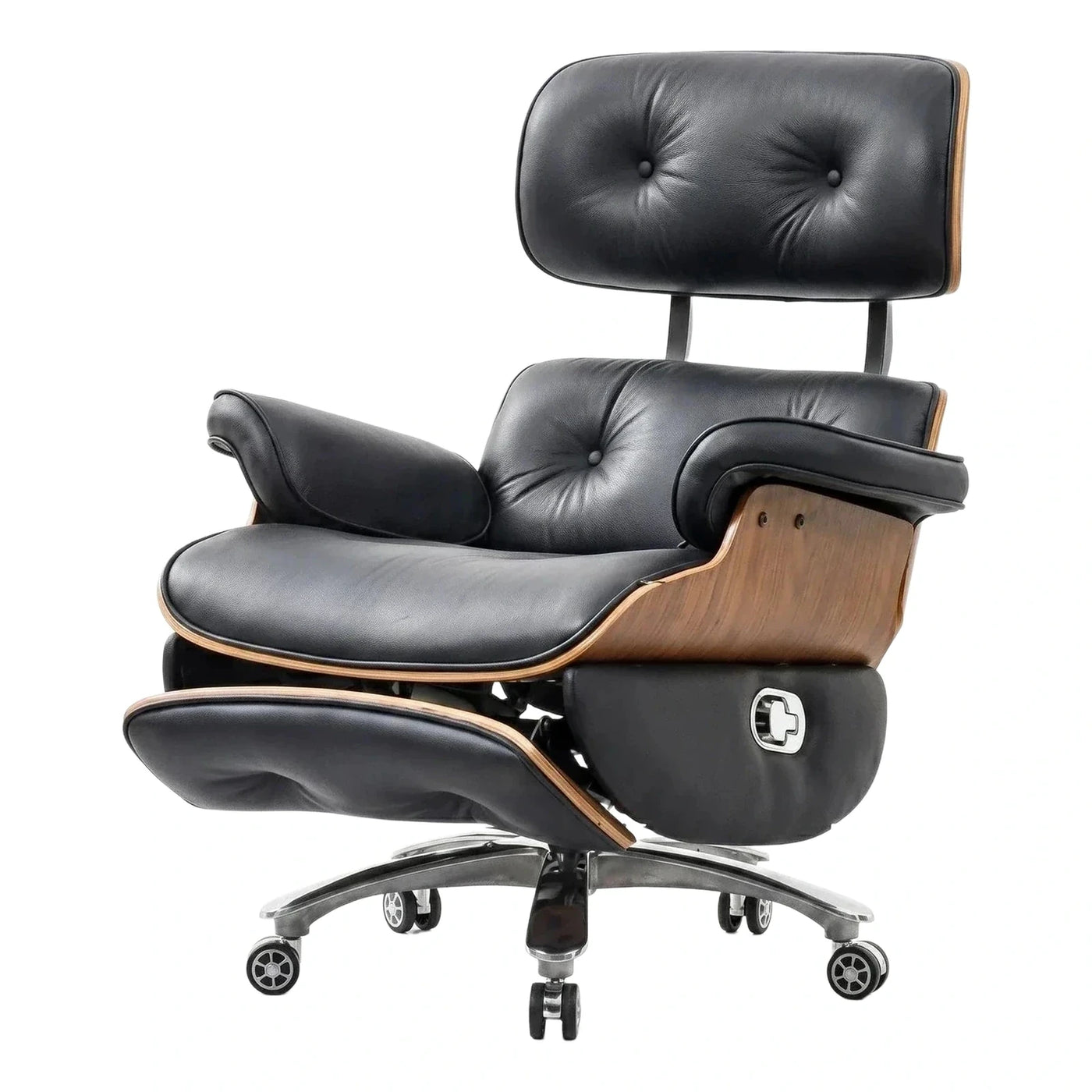 Black Leather Swivel Recliner Lounge Chair with Wood Shell