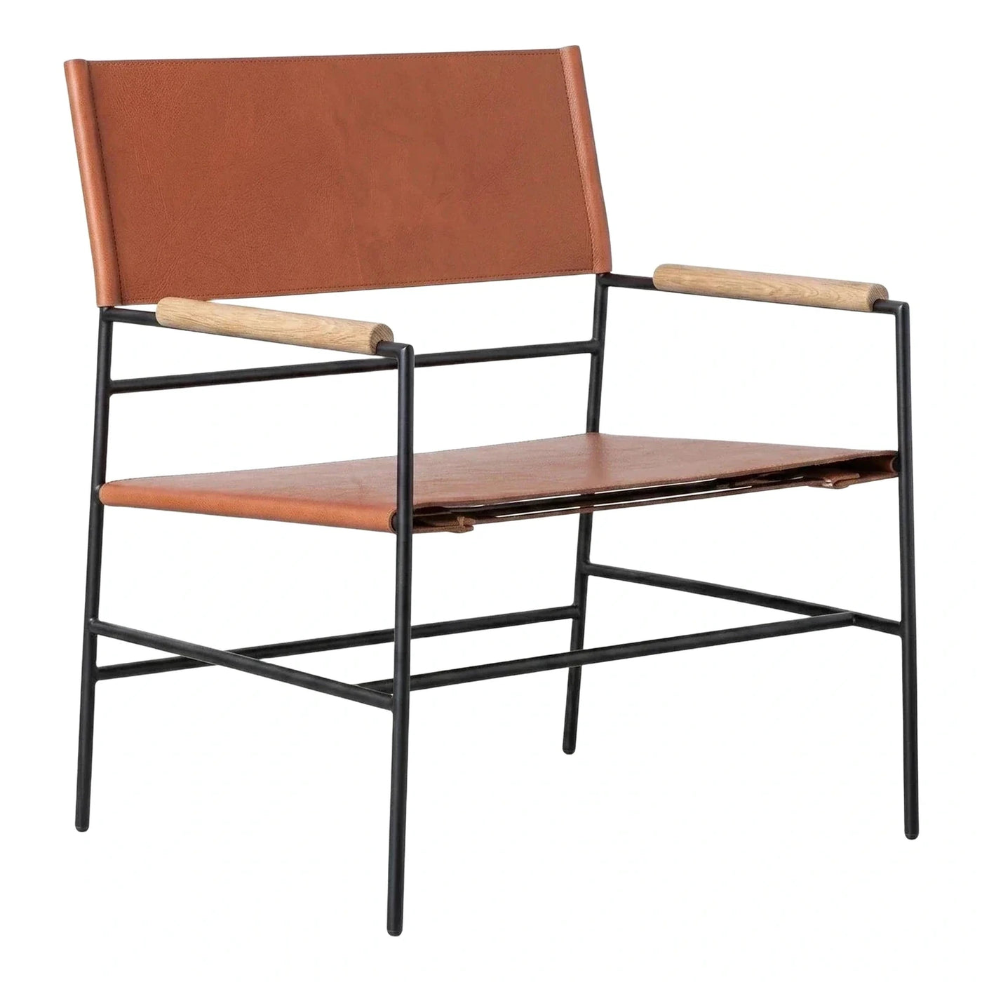 Modern Brown Leather Lounge Chair with Wood Armrests