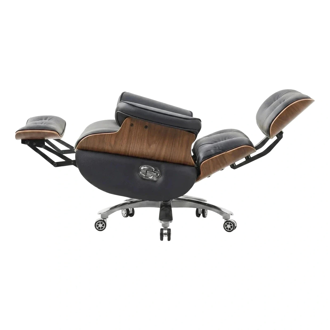 Black Leather Wood Shell Reclining Lounge Chair