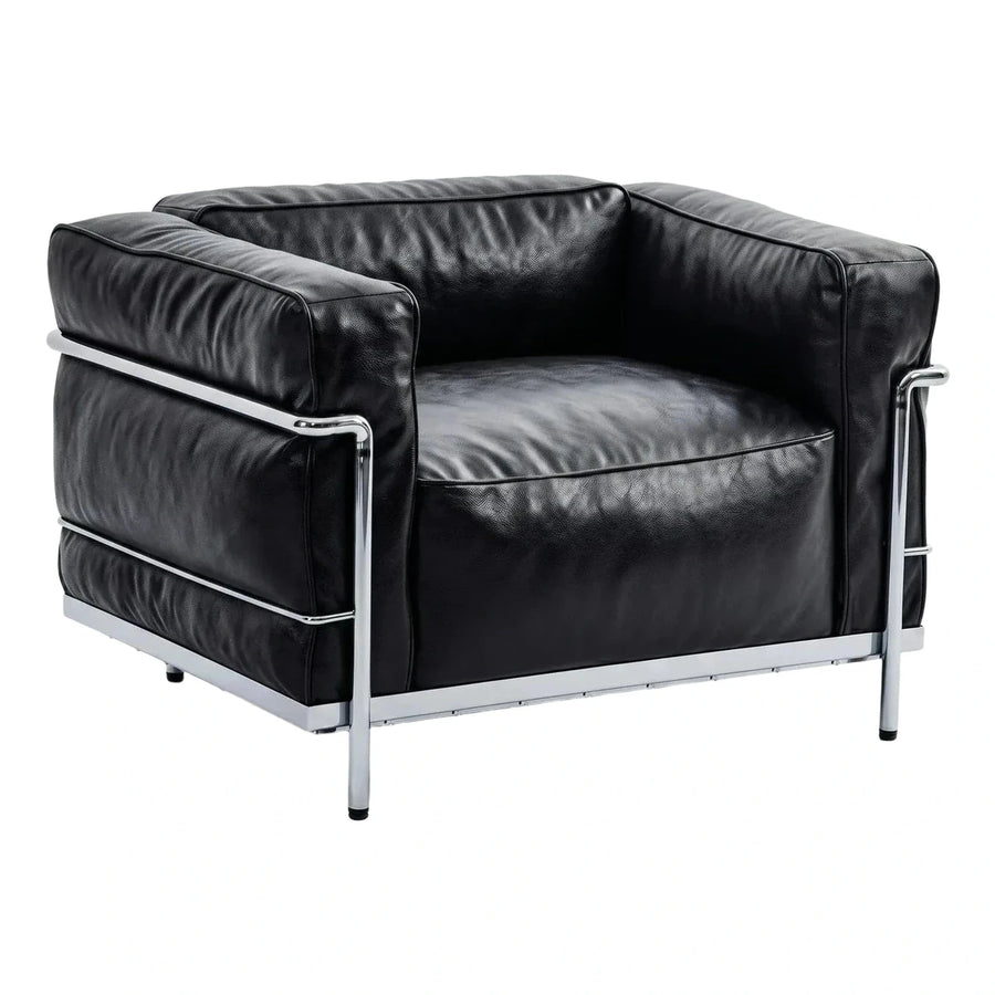 Modern Black Leather Chrome Frame Lounge Armchair