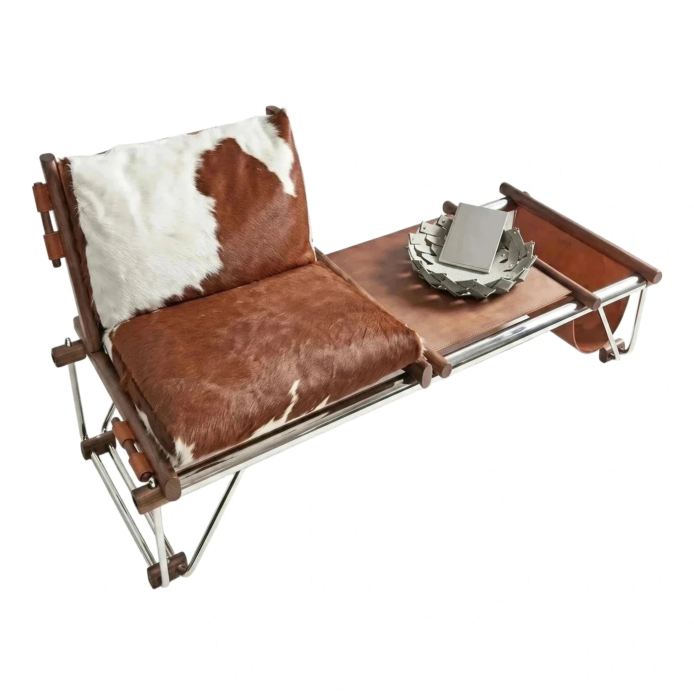 Cowhide Chaise Lounge with Chrome Frame and Wood Accents