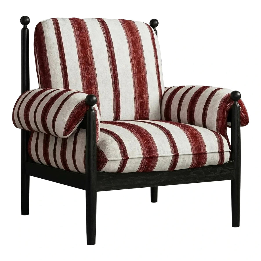 Red and White Striped Fabric Armchair with Dark Wood Frame