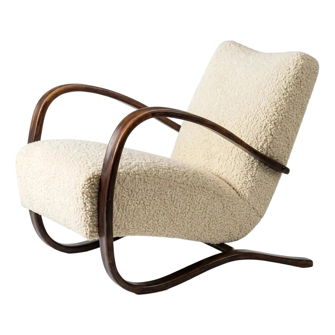 Cream Boucle Lounge Chair with Dark Bentwood Frame