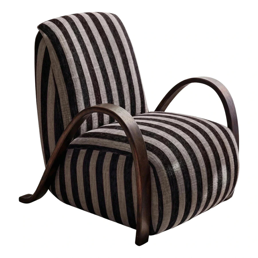 Striped Fabric Lounge Chair with Curved Dark Wood Frame