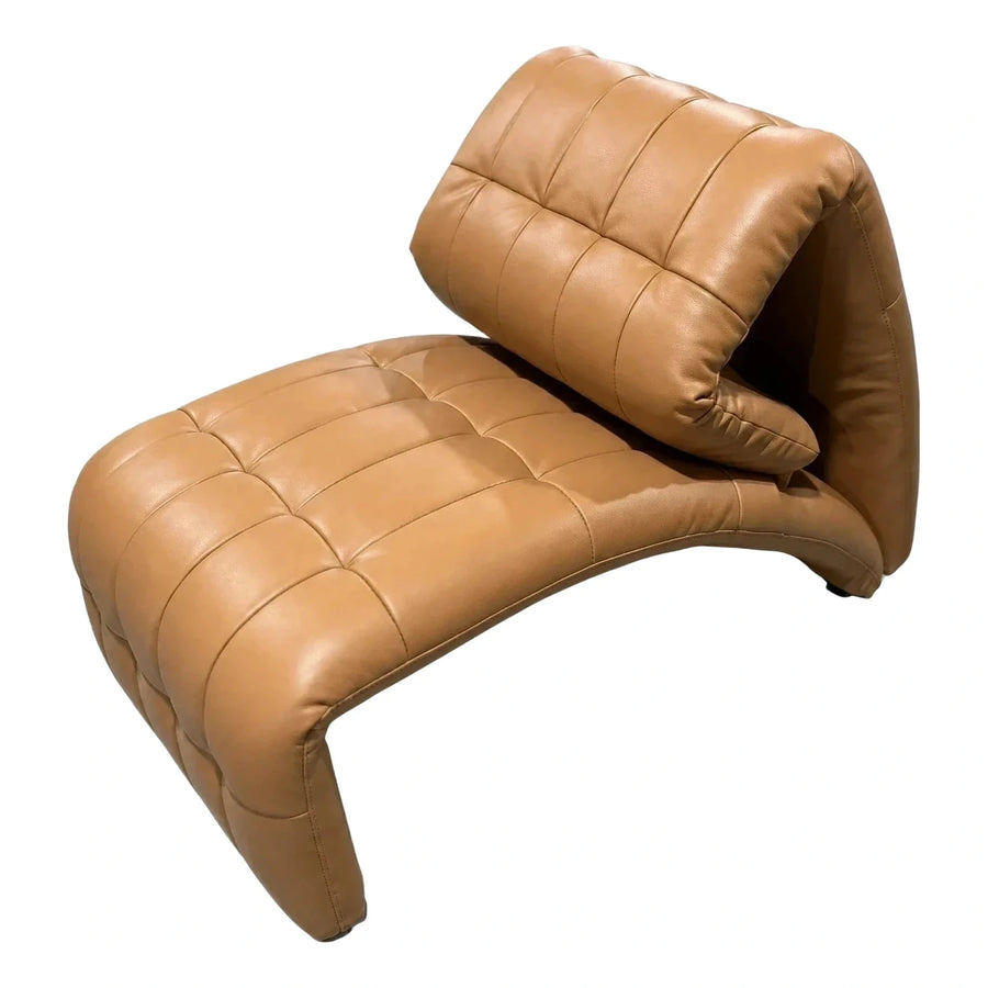 Modern Tan Leather Tufted Low Lounge Chair