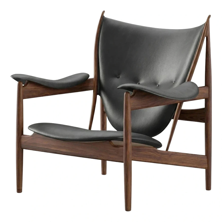 Black Leather Sling Lounge Chair with Dark Wood Frame
