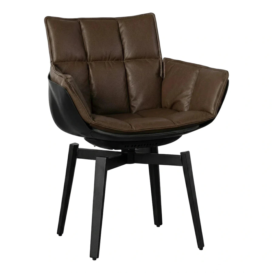 Modern Brown Leather Swivel Armchair with Black Base