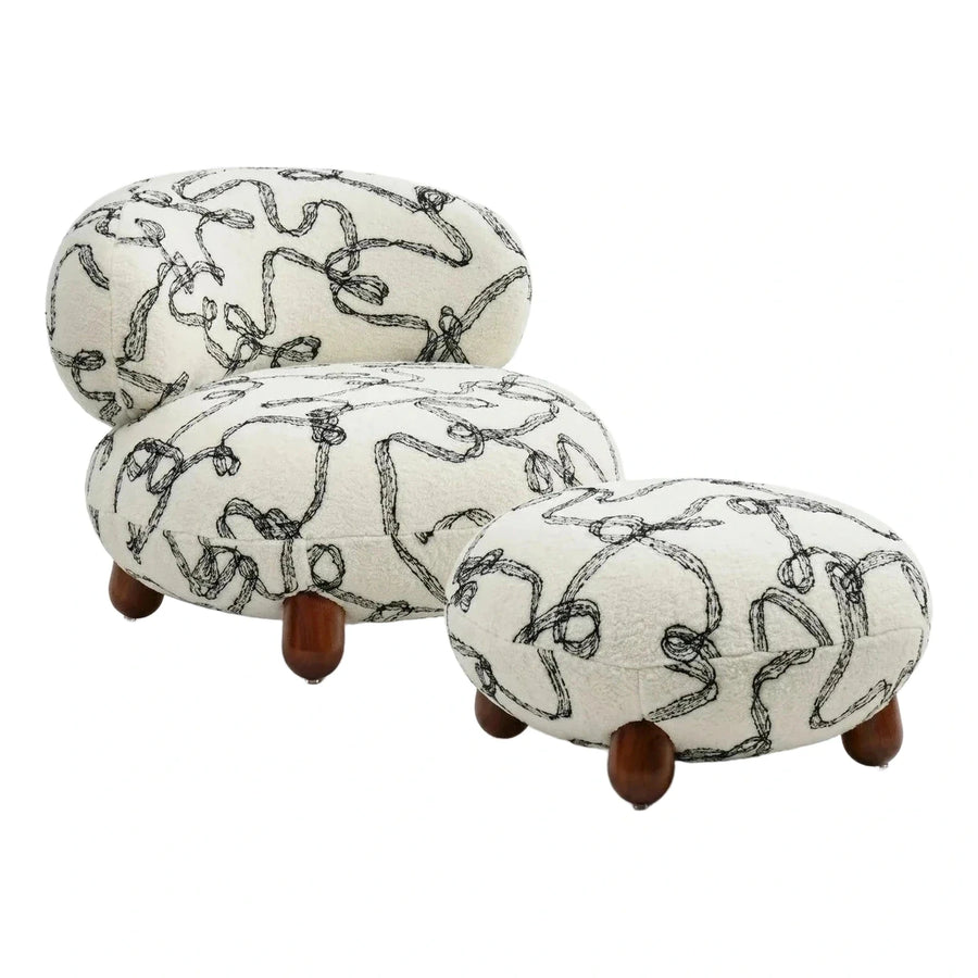 White Boucle Lounge Chair and Ottoman with Ribbon Print