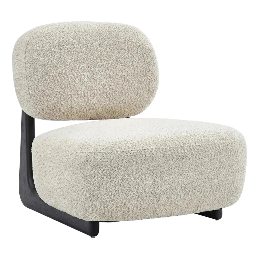 Cream Bouclé Lounge Chair with Dark Wood Base