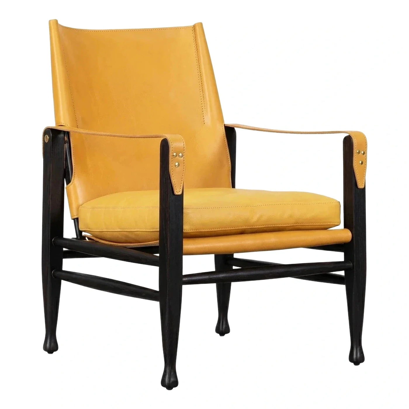 Mustard Leather Armchair with Dark Wood Frame