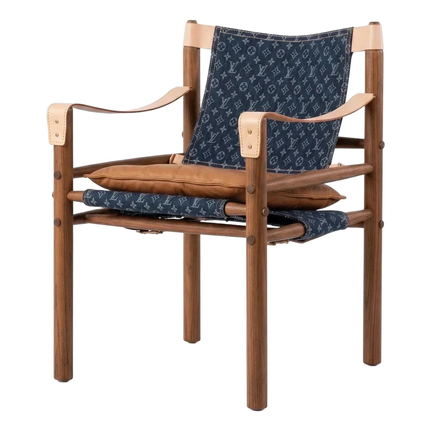 Wooden Frame Lounge Chair with Leather Seat and Denim Back