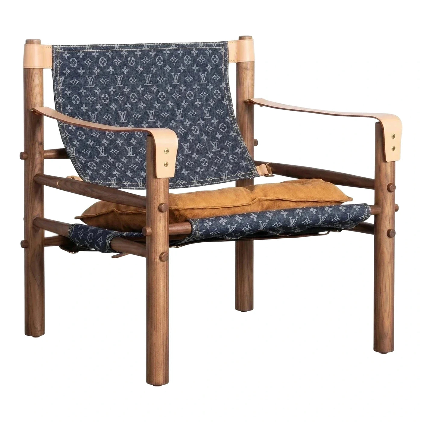 Walnut Frame Sling Chair with Blue Monogram Fabric