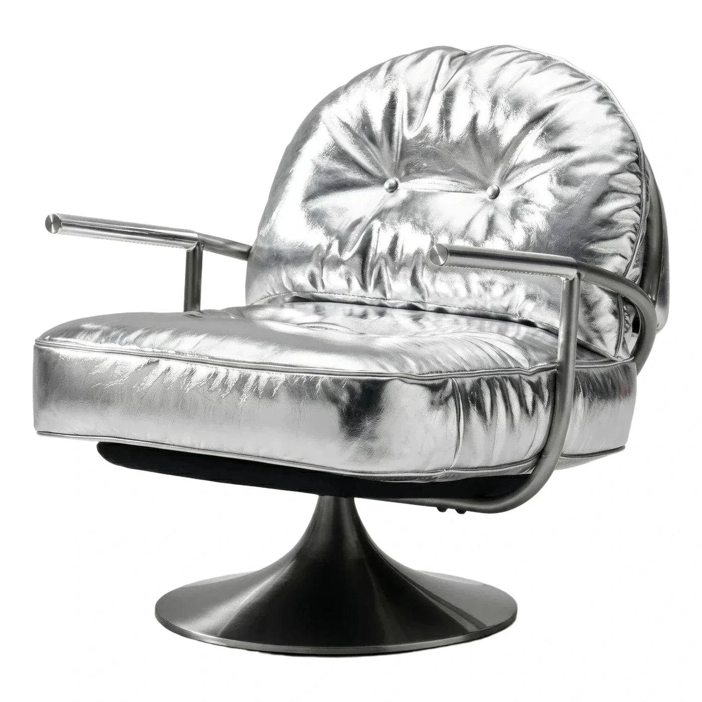 Silver Metallic Swivel Lounge Chair with Tufted Back