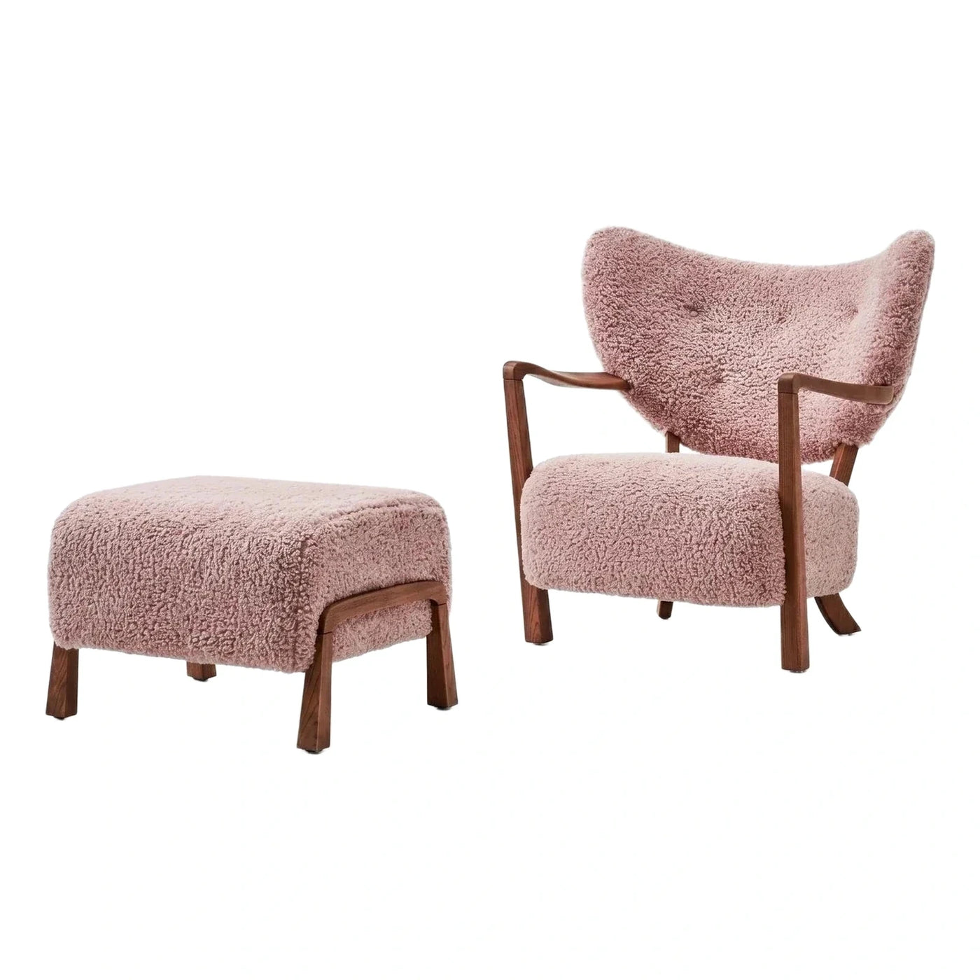 Pink Boucle Armchair and Ottoman Set with Wood Frame