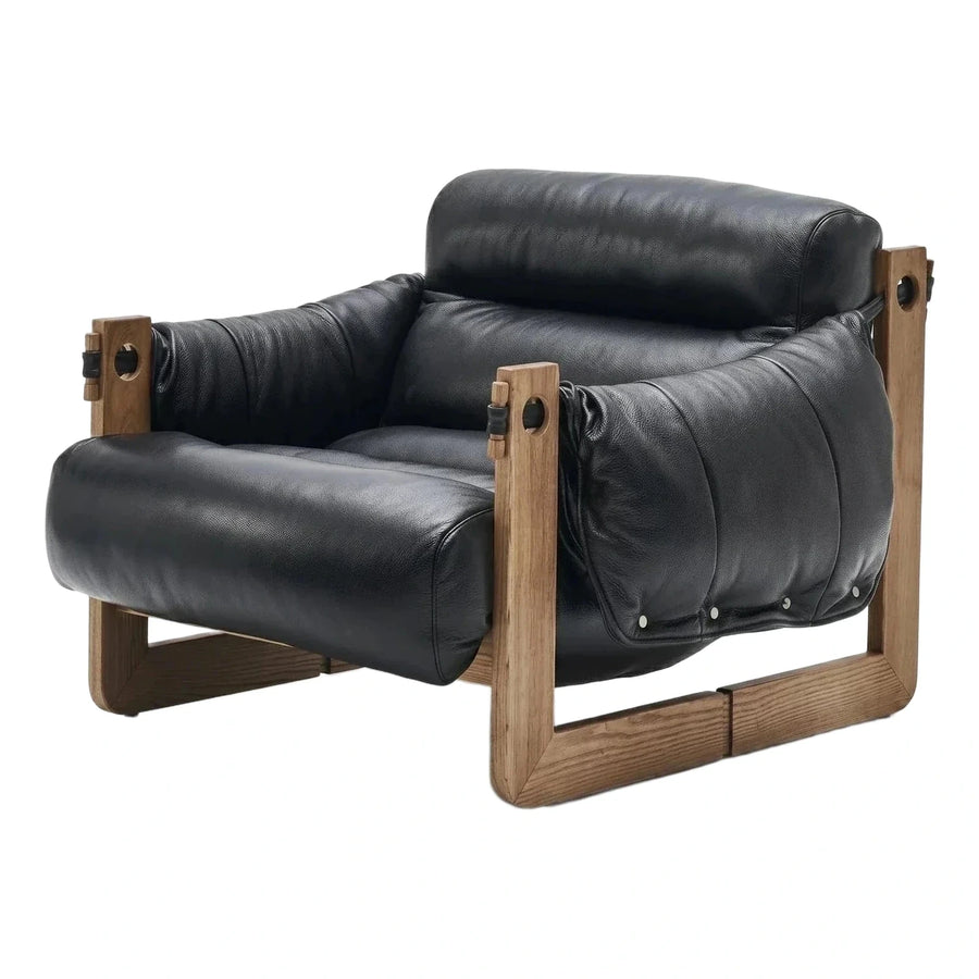 Black Leather Lounge Chair with Natural Wood Frame