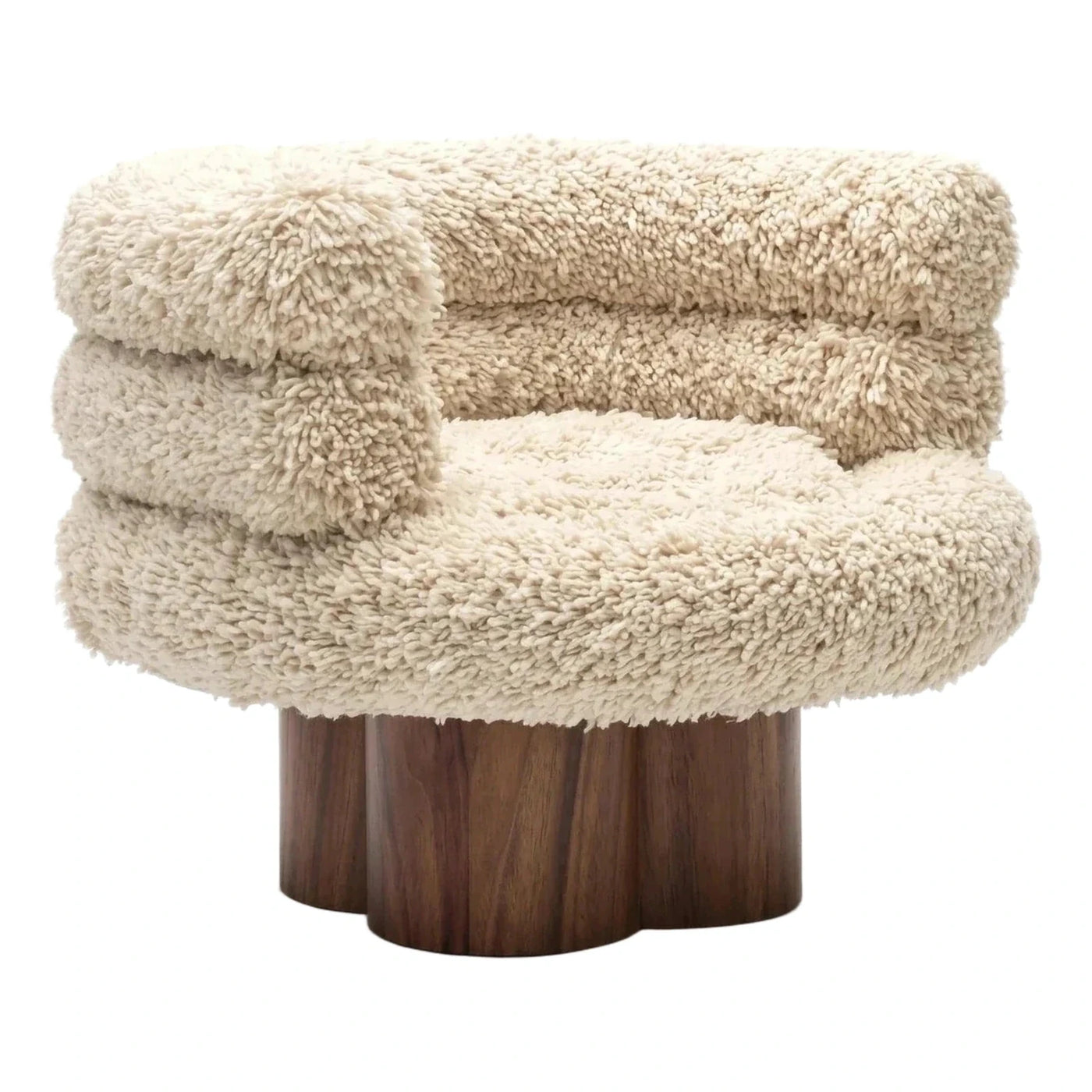 Cream Boucle Tub Lounge Chair with Wooden Base