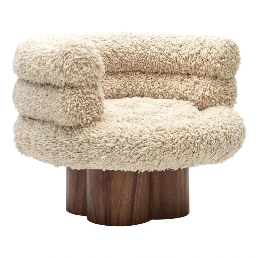 Cream Boucle Tub Lounge Chair with Wooden Base