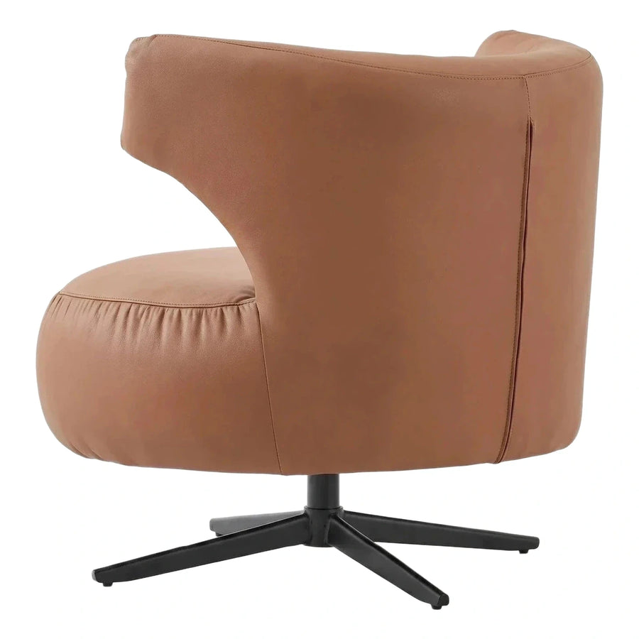 Modern Tan Leather Swivel Armchair with Black Base