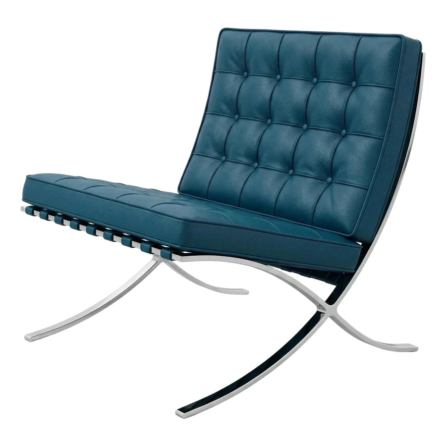 Blue Tufted Leather Lounge Chair with Chrome Frame