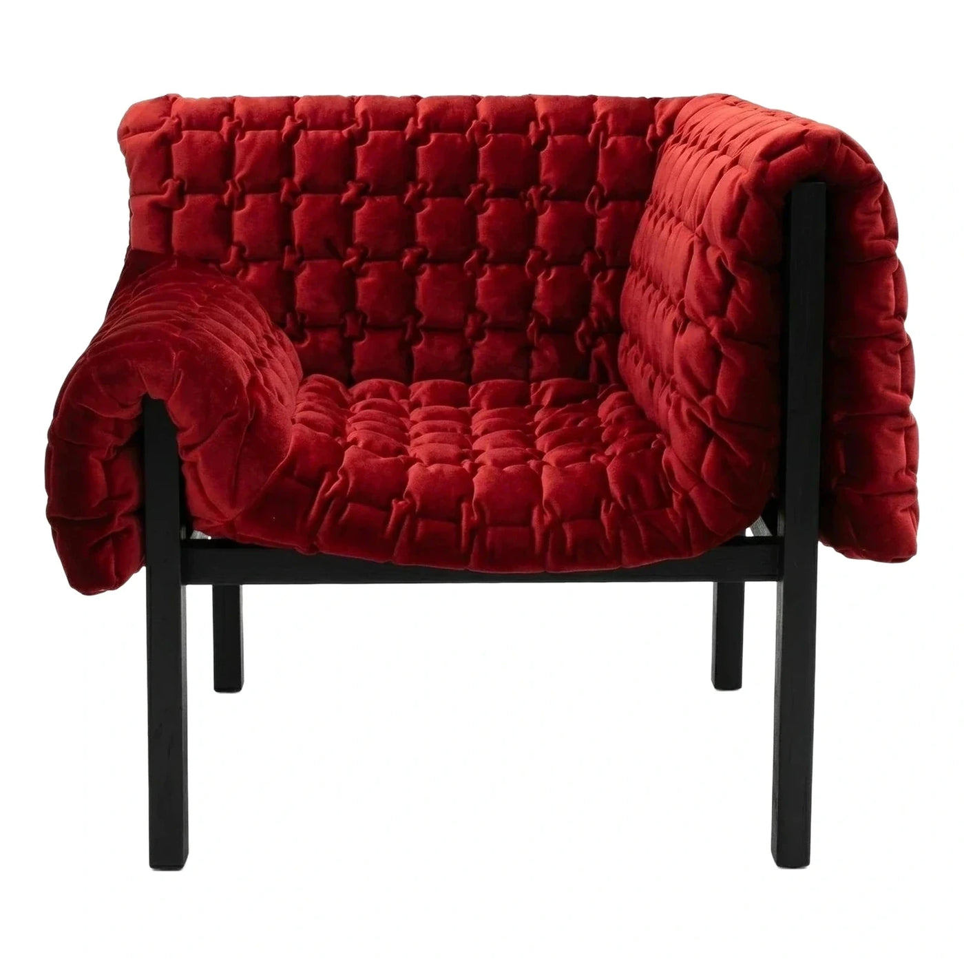 Deep Red Tufted Velvet Armchair with Black Frame