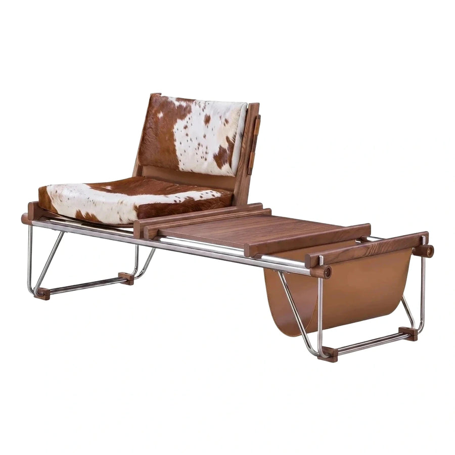 Modern Cowhide Lounge Chair with Wooden Side Table