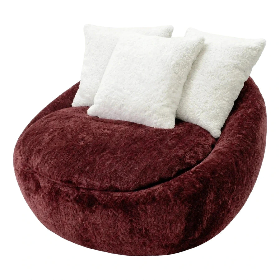 Burgundy Plush Round Lounge Chair with Pillows