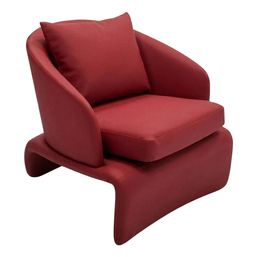 Deep Red Leather Modern Lounge Armchair with Curved Base