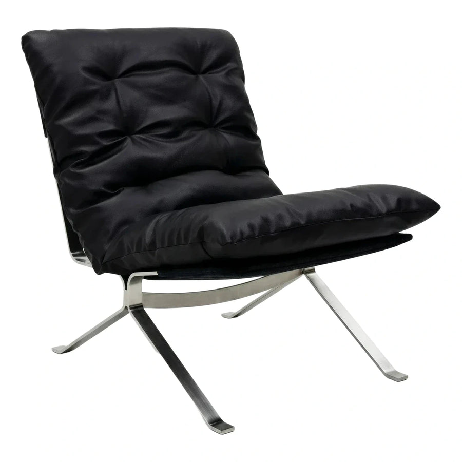 Modern Black Tufted Leather Lounge Chair with Metal Base