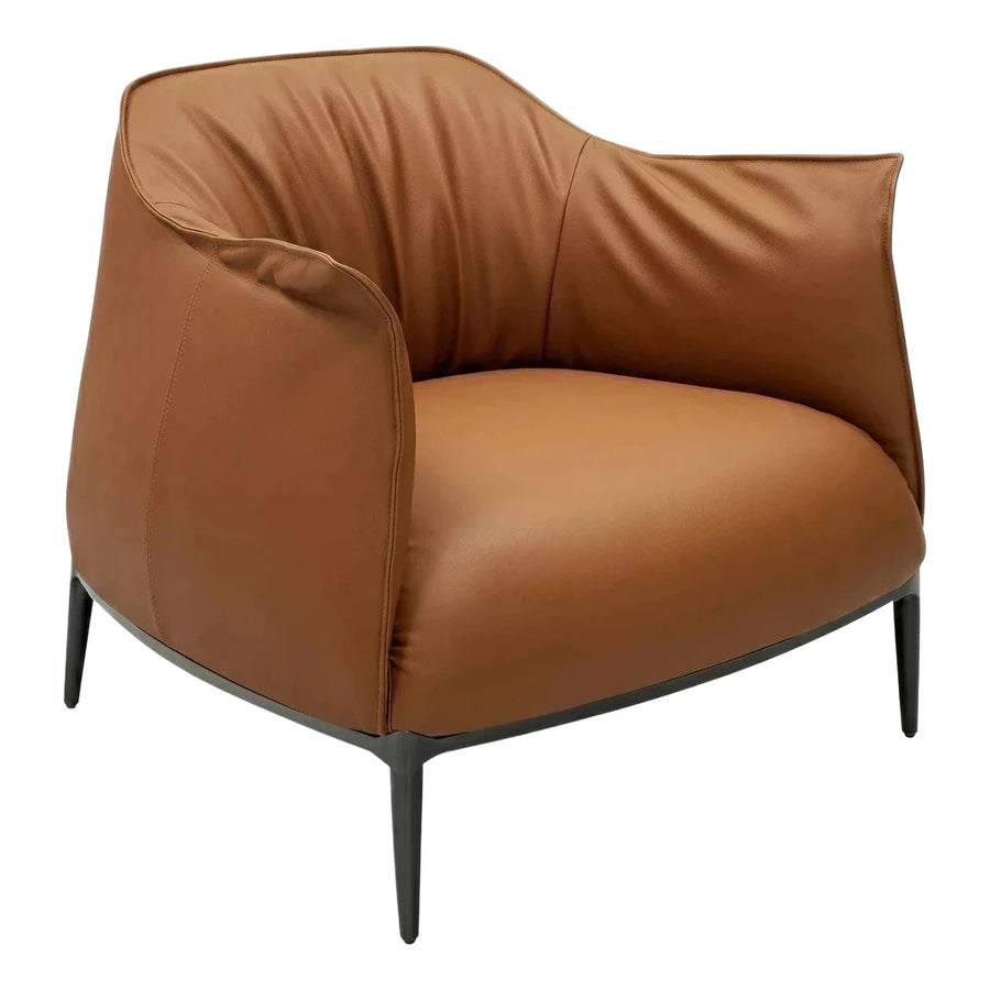 Modern Brown Leather Armchair with Black Metal Legs