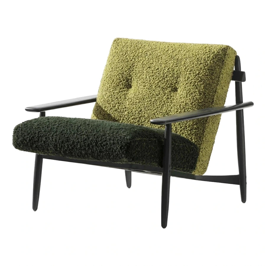 Two-Tone Green Boucle Lounge Chair with Dark Wood Frame